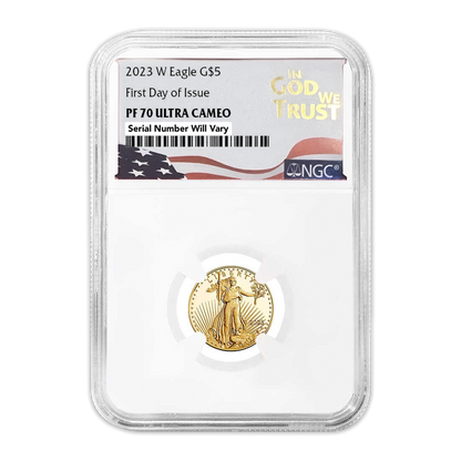 2023-W $5 Gold Eagle in God We Trust Label - First Day of Issue - NGC PF70 Ultra Cameo