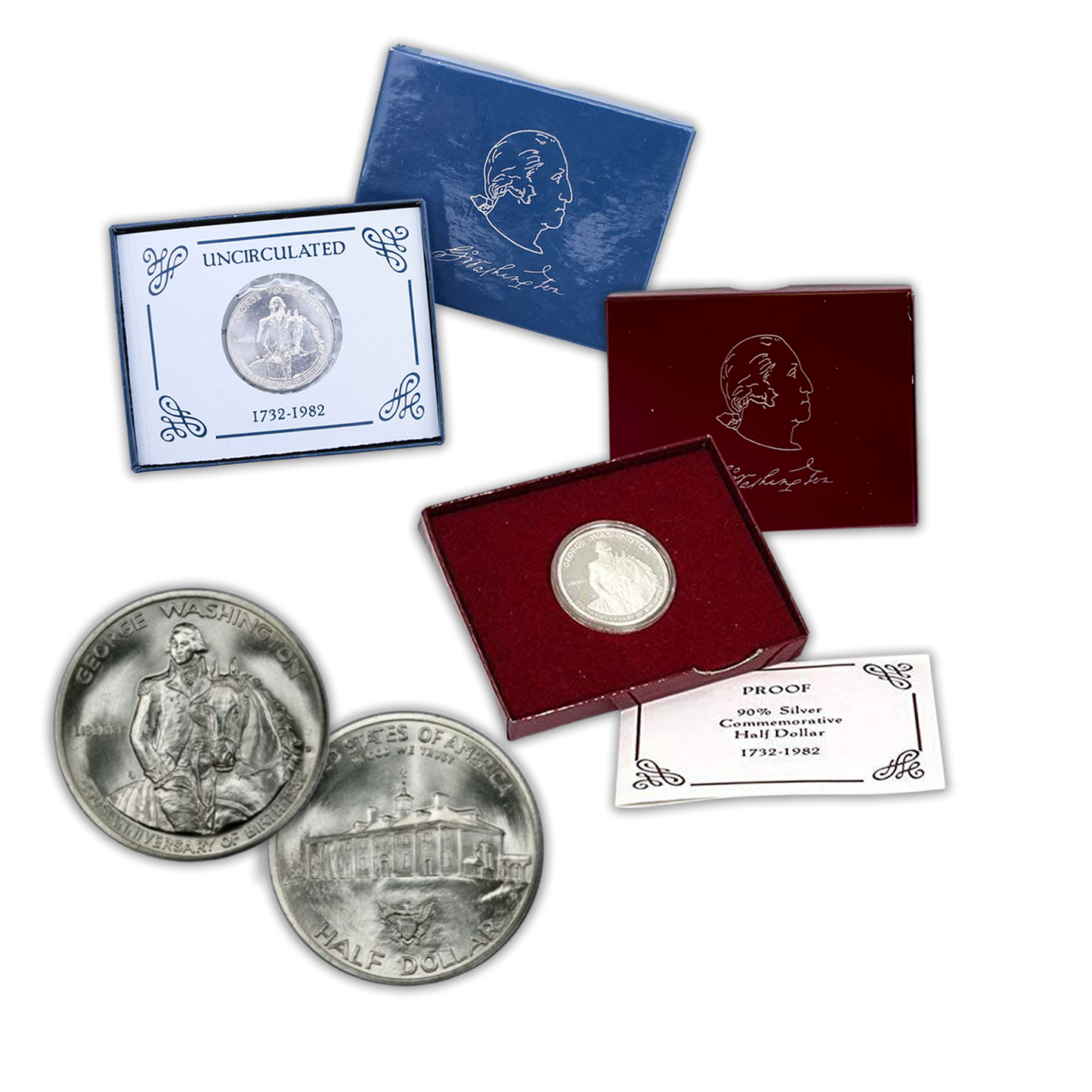 1982 George Washington Proof and Uncirculated Commemorative Silver Half Dollar - OGP