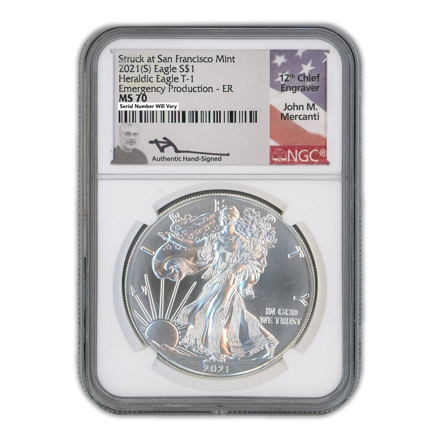 2021-S Silver Eagle - Heraldic Type 1 - Emergency Production - NGC MS70 John Mercanti Signature