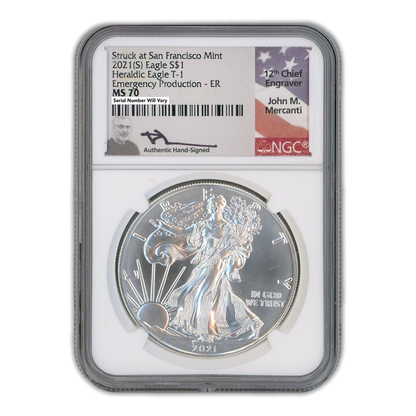 2021-S Silver Eagle - Heraldic Type 1 - Emergency Production - NGC MS70 John Mercanti Signature