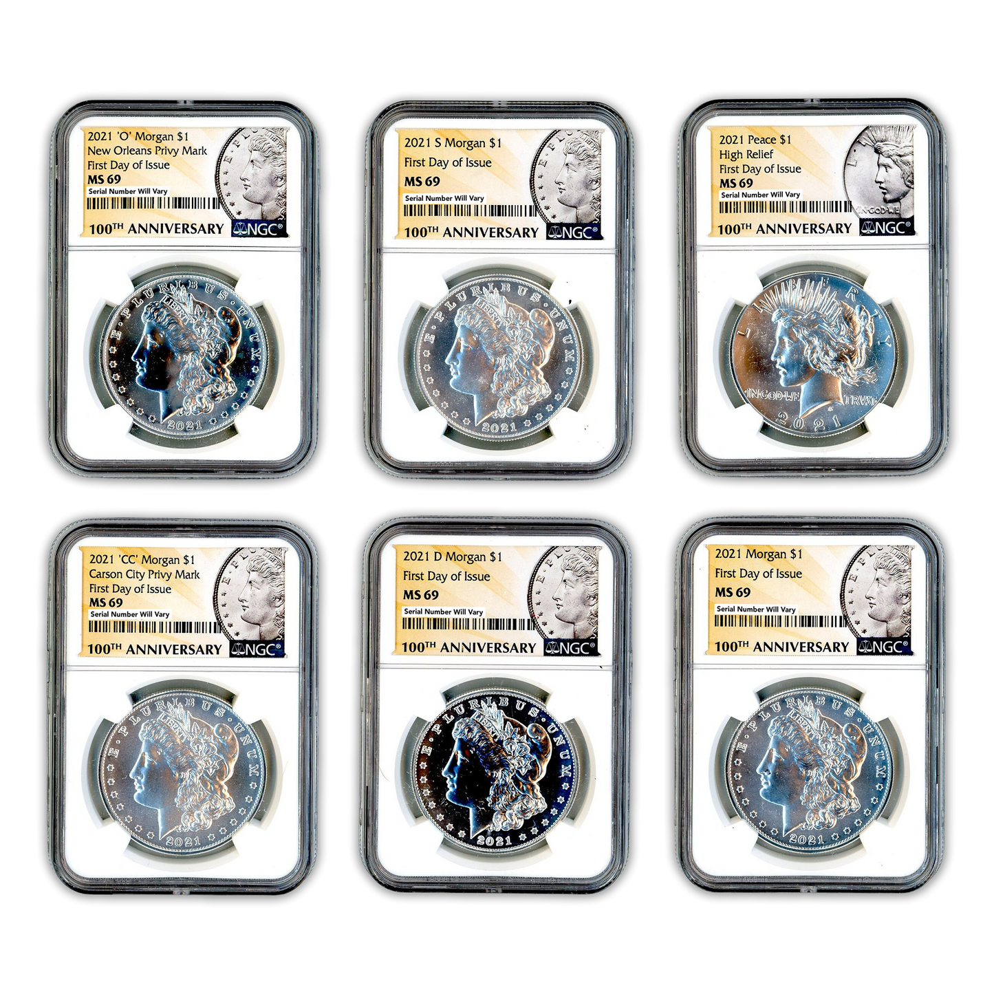 2021 Morgan Silver Dollar 6 pc Set - NGC MS69 First Day of Issue