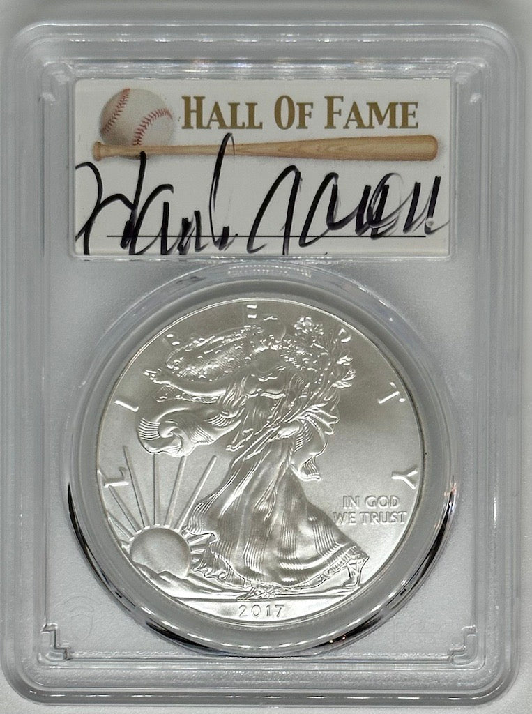 2017 Silver Eagle - PCGS MS70 Hank Aaron Autographed Baseball Label