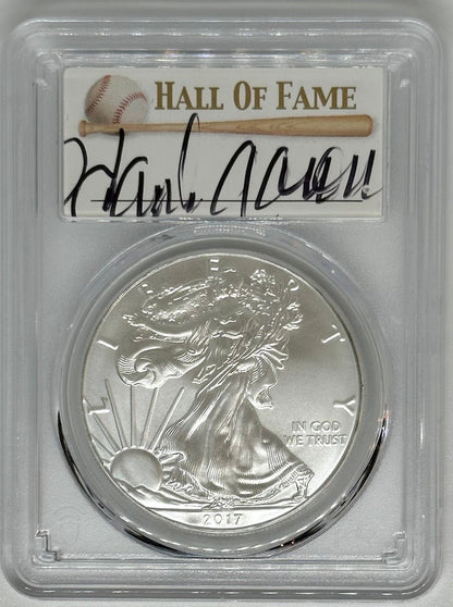 2017 Silver Eagle - PCGS MS70 Hank Aaron Autographed Baseball Label