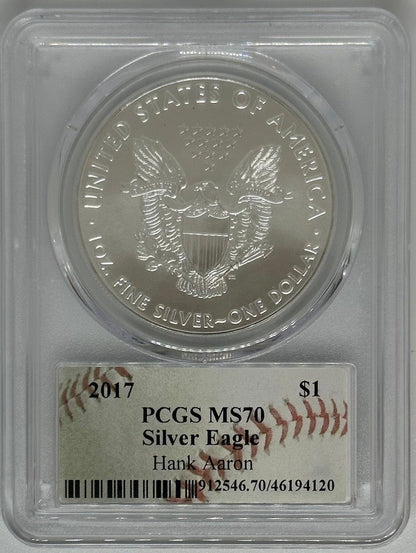 2017 Silver Eagle - PCGS MS70 Hank Aaron Autographed Baseball Label