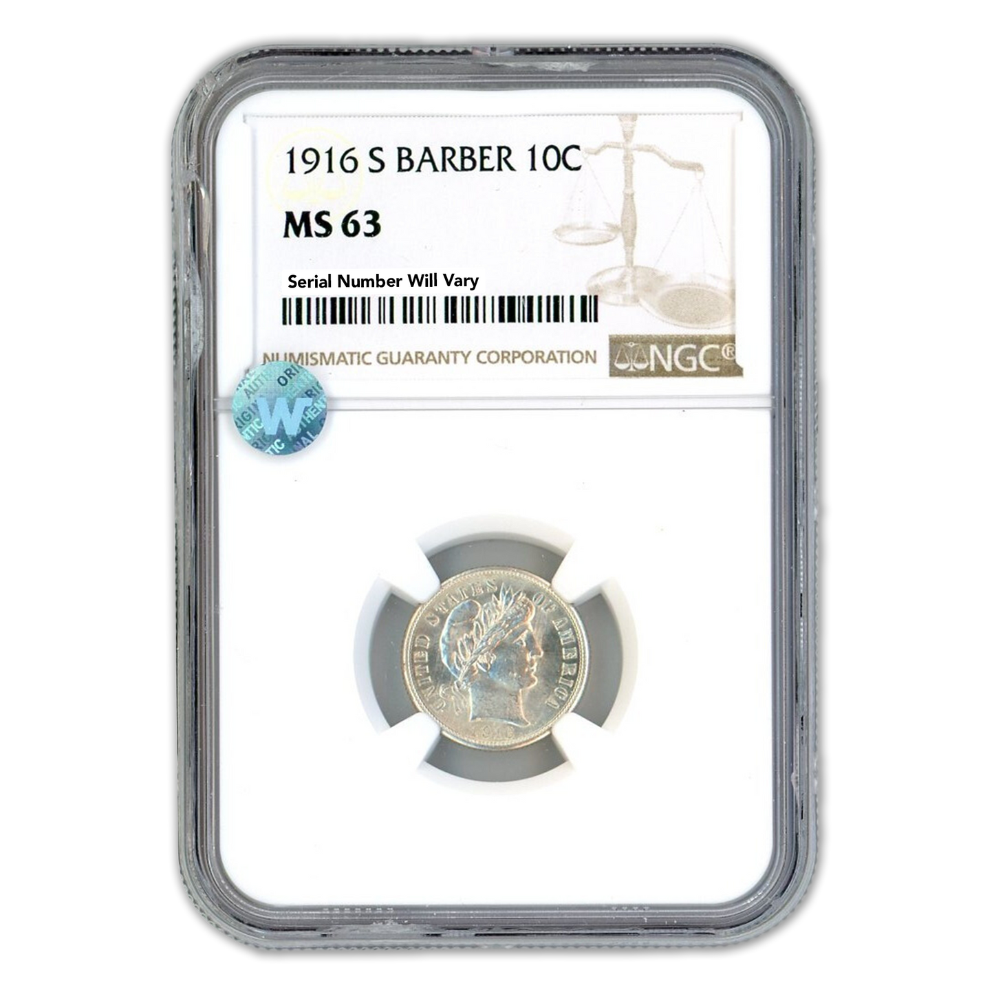 1916-S Barber Silver Dime - NGC MS63 Sight White