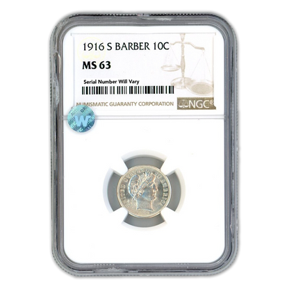 1916-S Barber Silver Dime - NGC MS63 Sight White