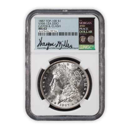 1887 Morgan Silver Dollar Top 100 Vam 12A DDO Gator & Clash Wayne Miller Signature NGC MS62