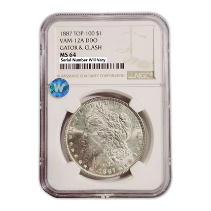 1887 Morgan Silver Dollar Philadelphia - Top 100 VAM-12A DDO Gator & Clash - NGC MS64 Sight White