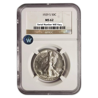 1929 S Walking Liberty Silver Half Dollar - NGC MS62 Sight White