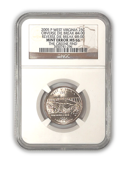 2005 West Virginia Quarter Dollar Philadelphia- "The Green Find" Mint Error - NGC MS66