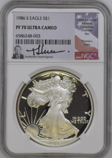 1986-S Silver Eagle - Proof- signed by Thomas Uram NGC PF70 Ultra Cameo