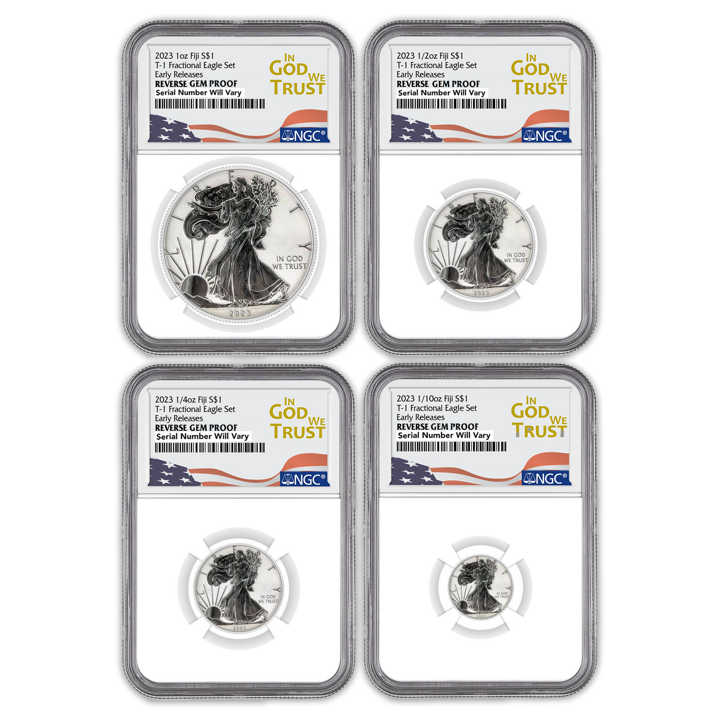 2023  Fiji  Silver Eagle Tribute  4 pc Fractional Set NGC Reverse GEM PROOF In God We Trust Label
