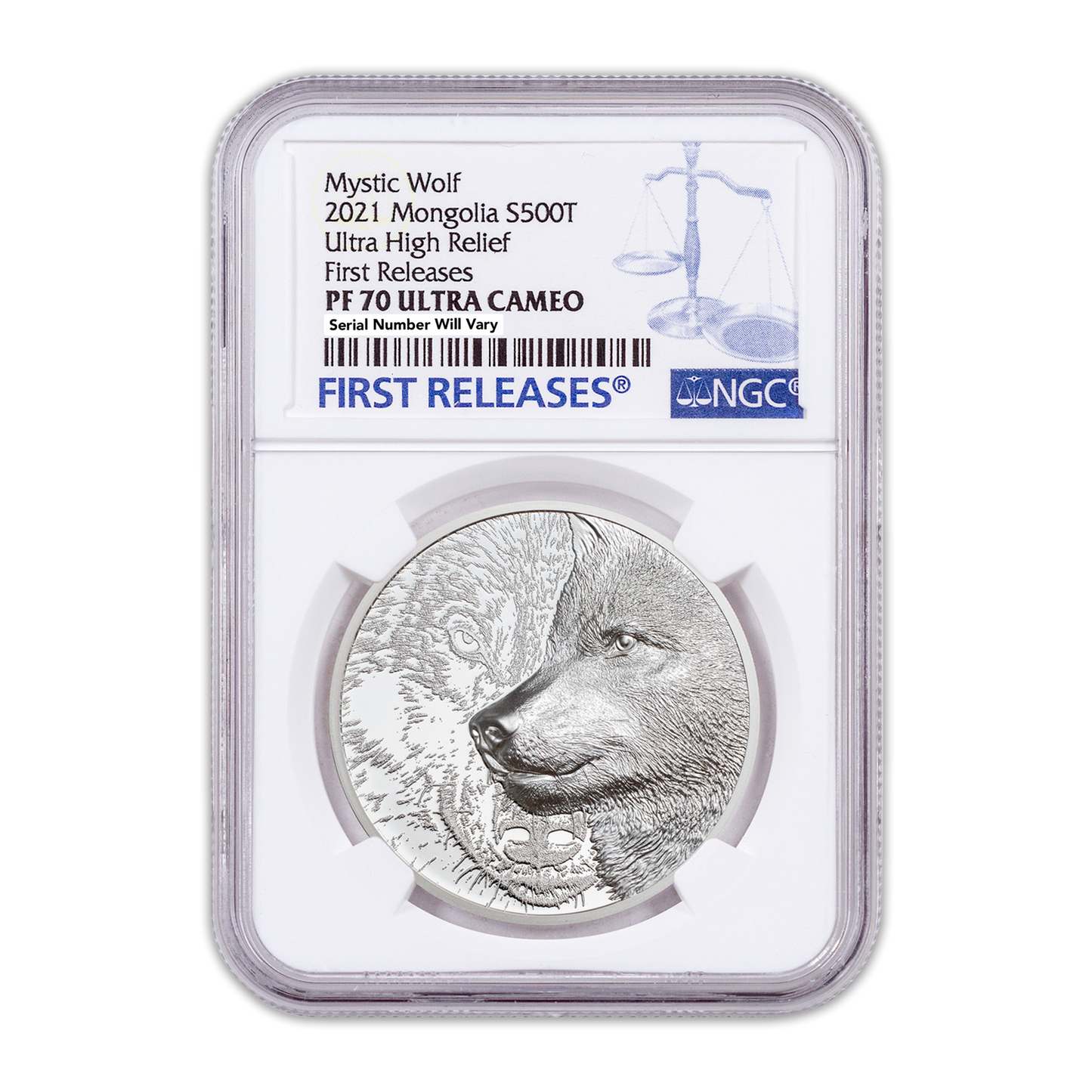2021 1oz Mongolia Mystic Wolf - Ultra High Relief -1st Releases NGC PF70 Ultra Cameo