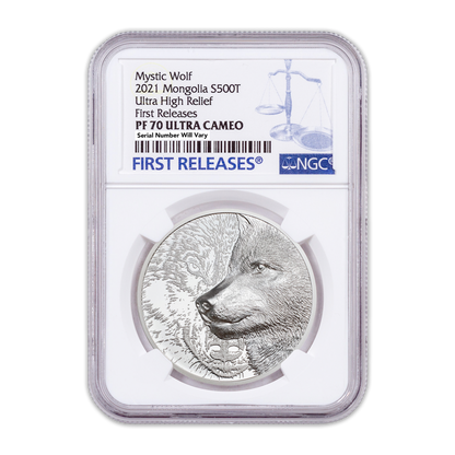2021 1oz Mongolia Mystic Wolf - Ultra High Relief -1st Releases NGC PF70 Ultra Cameo