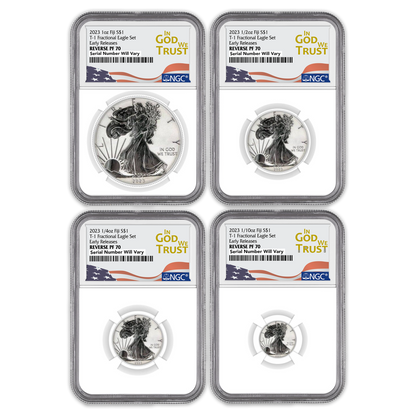 2023  Fiji  Silver Eagle Tribute  4 pc Fractional Set NGC Reverse Proof PF70 In God We Trust Label
