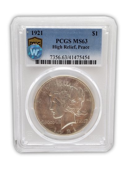 1921 Peace Silver Dollar Philadelphia - PCGS MS63 Sight White High Relief