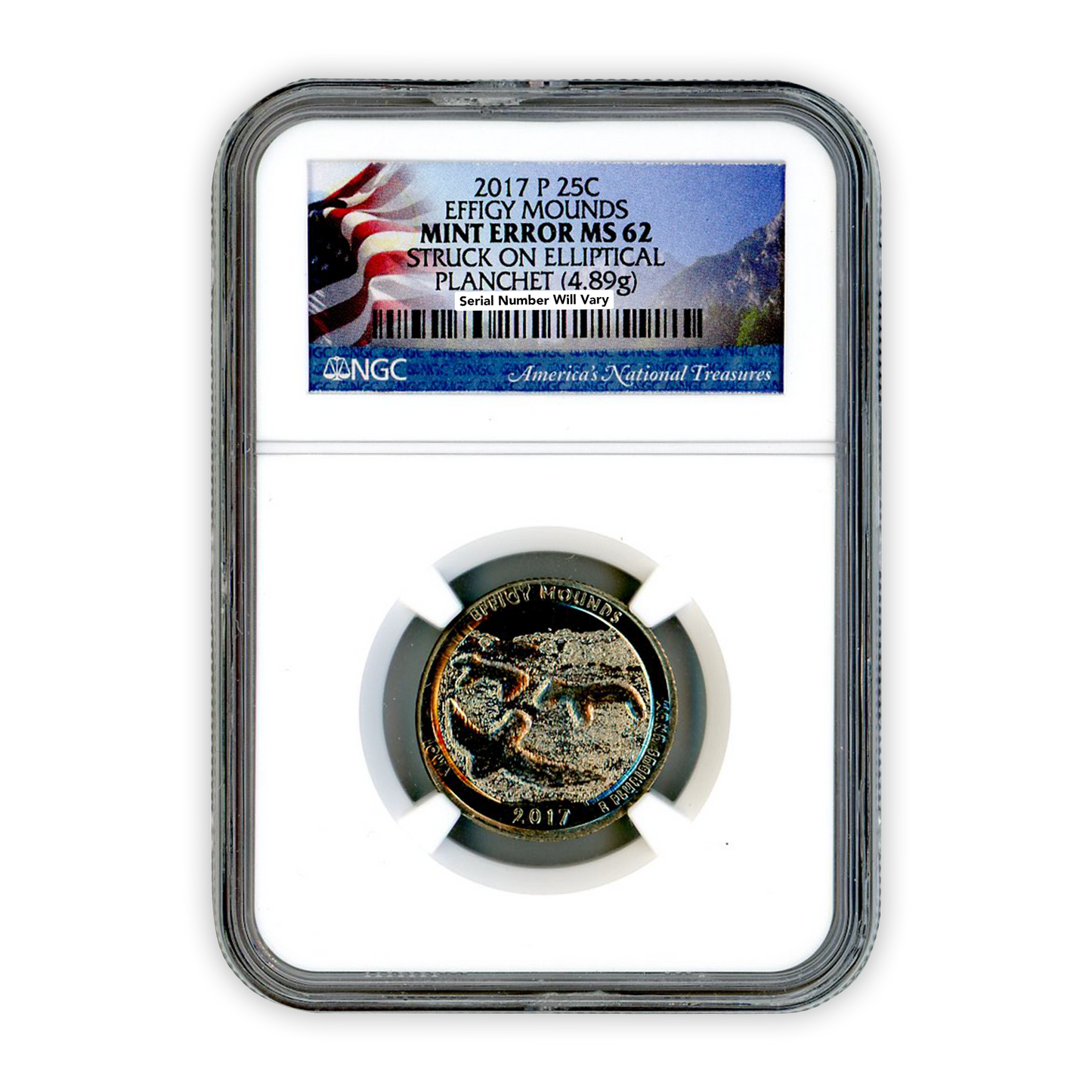 2017 Effigy Mounds Quarter - Mint Error-  Elliptical -  NGC MS62