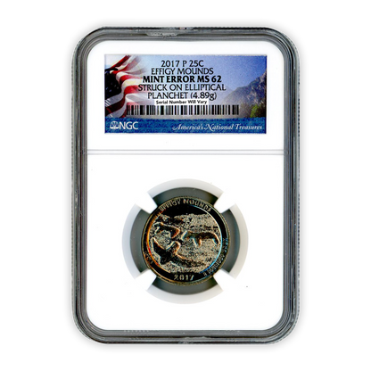 2017 Effigy Mounds Quarter - Mint Error-  Elliptical -  NGC MS62