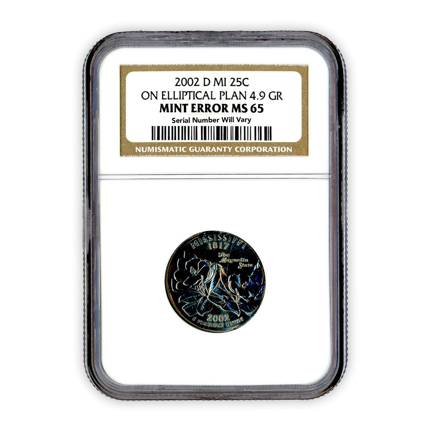 2002 Mississippi Quarter - Elliptical Plan - Mint Error - NGC MS65