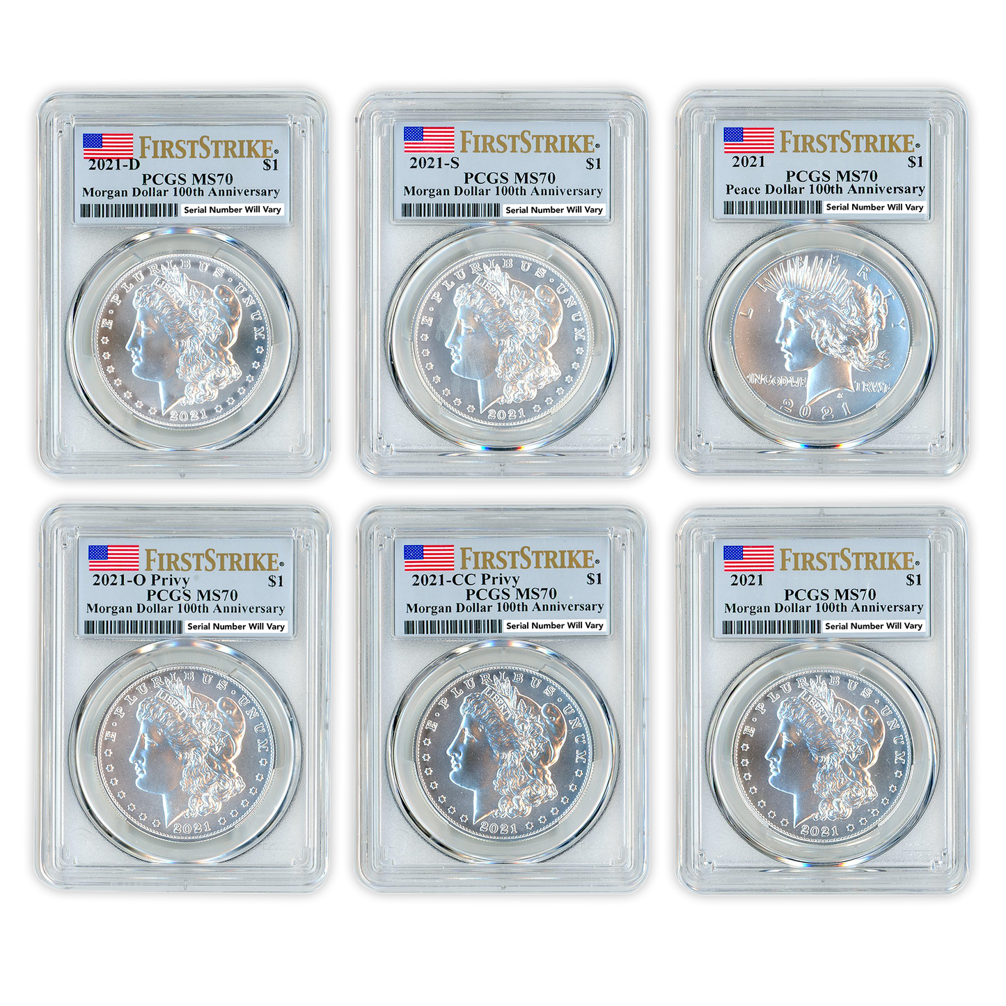 2021 Morgan Silver Dollar 6 pc Set PCGS MS70 First Strike Flag Label