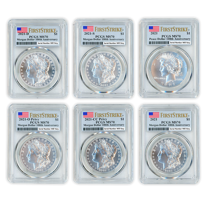 2021 Morgan Silver Dollar 6 pc Set PCGS MS70 First Strike Flag Label