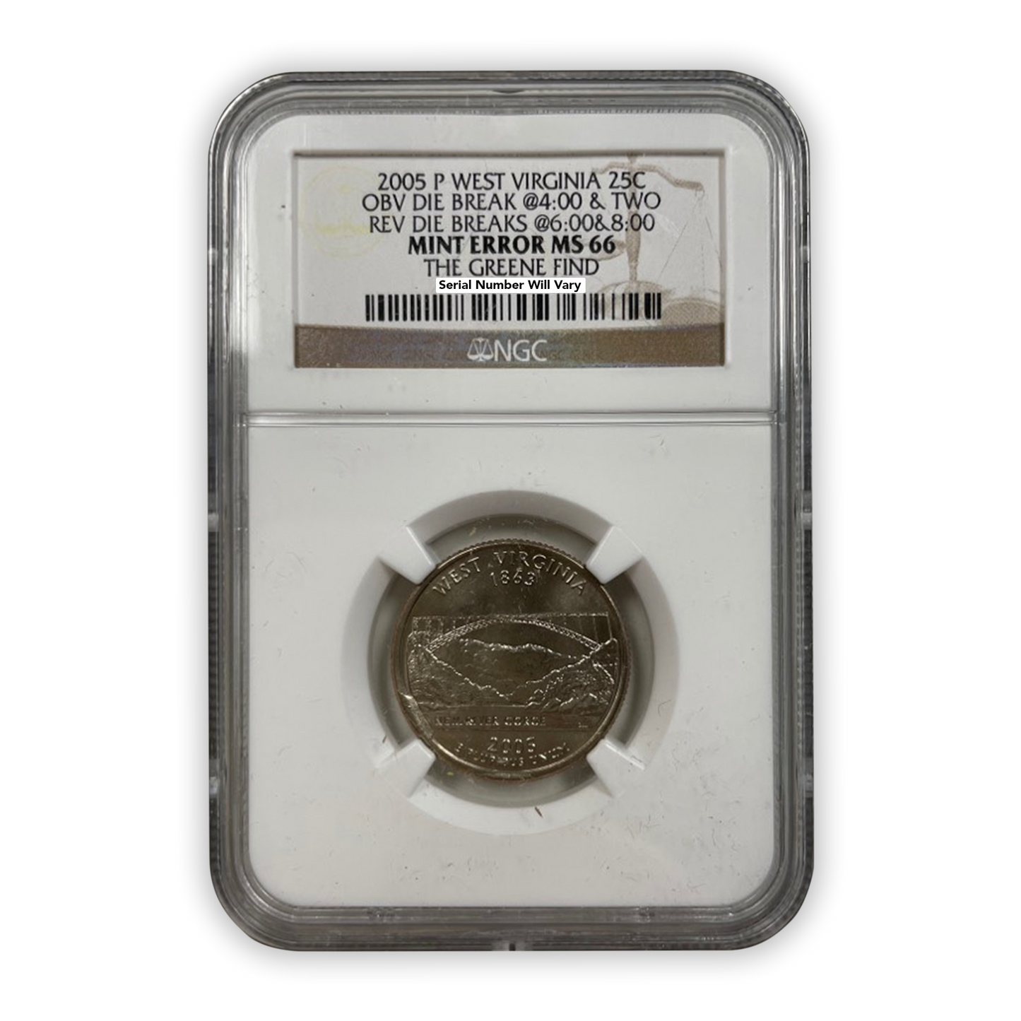 2005 West Virginia Quarter Dollar Philadelphia The Greene Find Mint - Triple Error -  NGC MS66