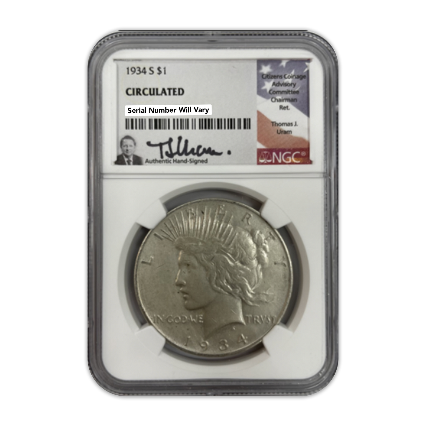 1934 San Francisco Peace Dollar Circulated Thomas Uram Signature NGC