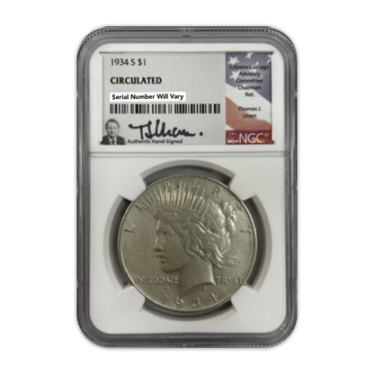 1934 San Francisco Peace Dollar Circulated Thomas Uram Signature NGC