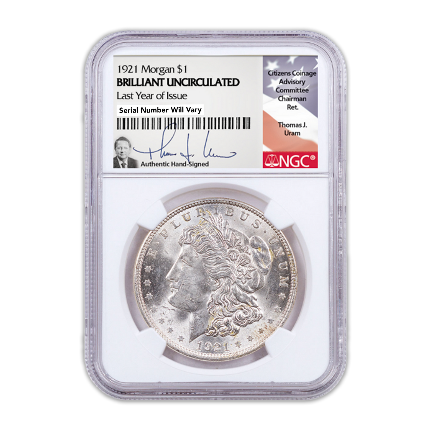 1921 Morgan Silver Dollar - Last Year of Issue - NGC Brilliant Uncirculated