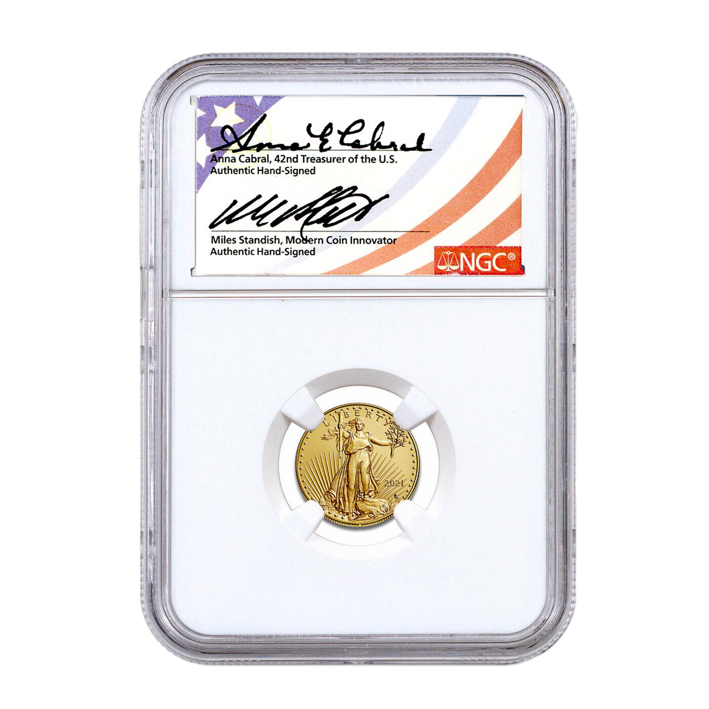 2021 $5 Gold Eagle - Type 2 - NGC MS70 FDI Double Signature Anna Cabral & Miles Standish Label