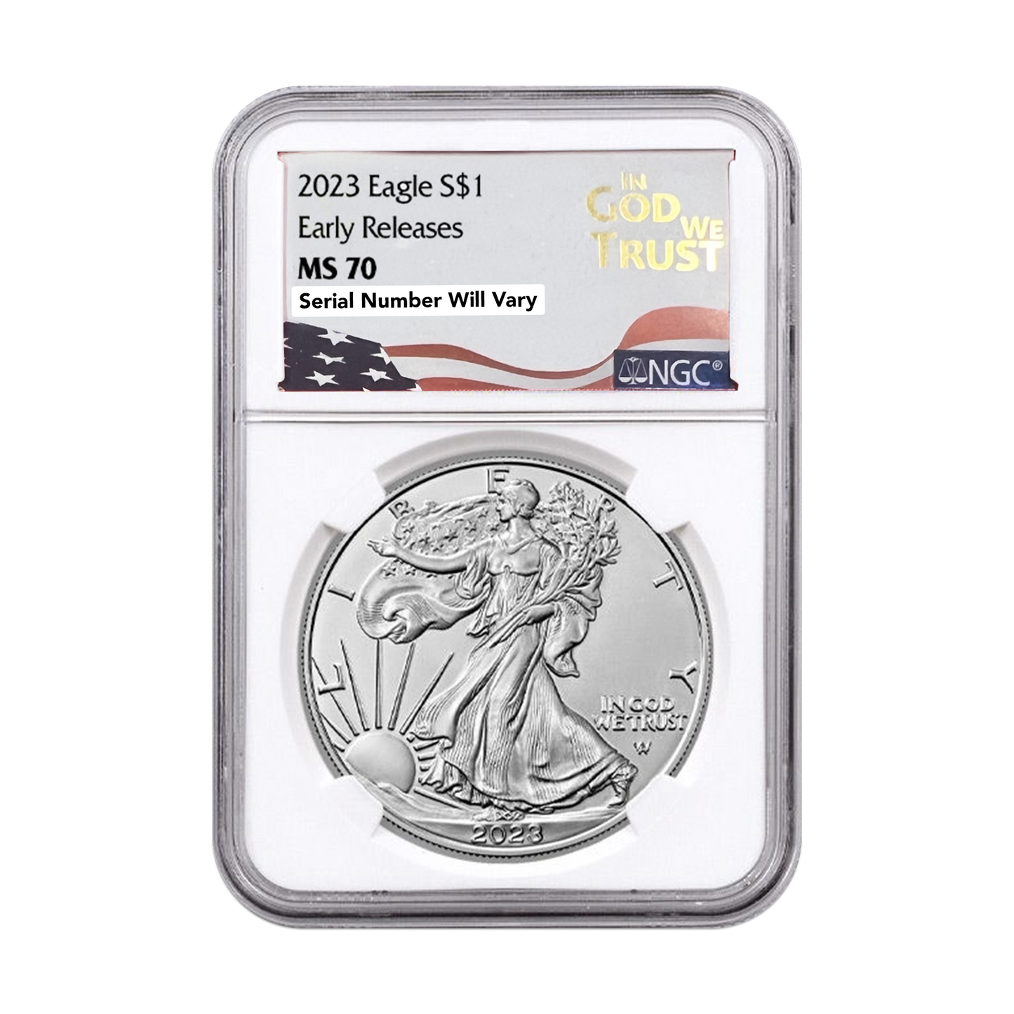 2023 Silver Eagle In God We Trust Label - NGC MS70 Early Release