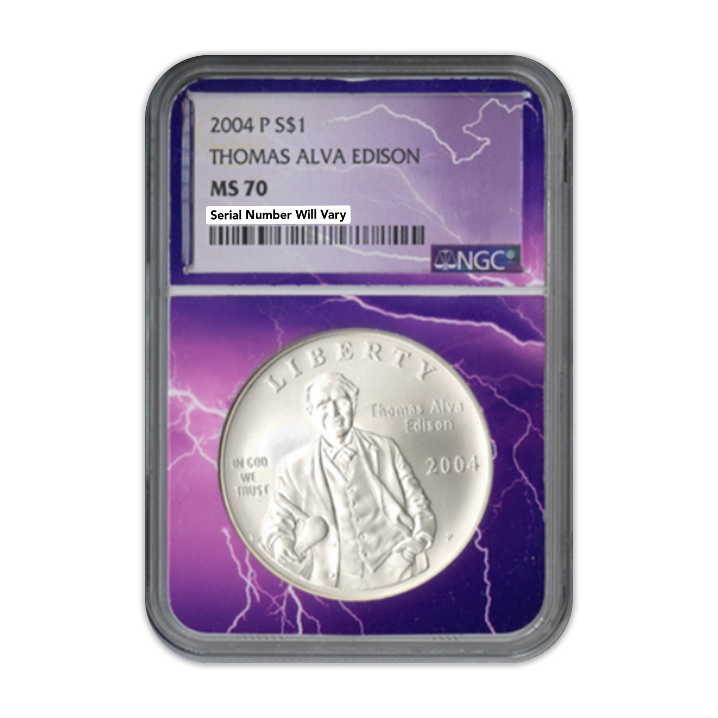 2004 P $1 Thomas Edison Commemorative Silver - Lightning Core - NGC MS70