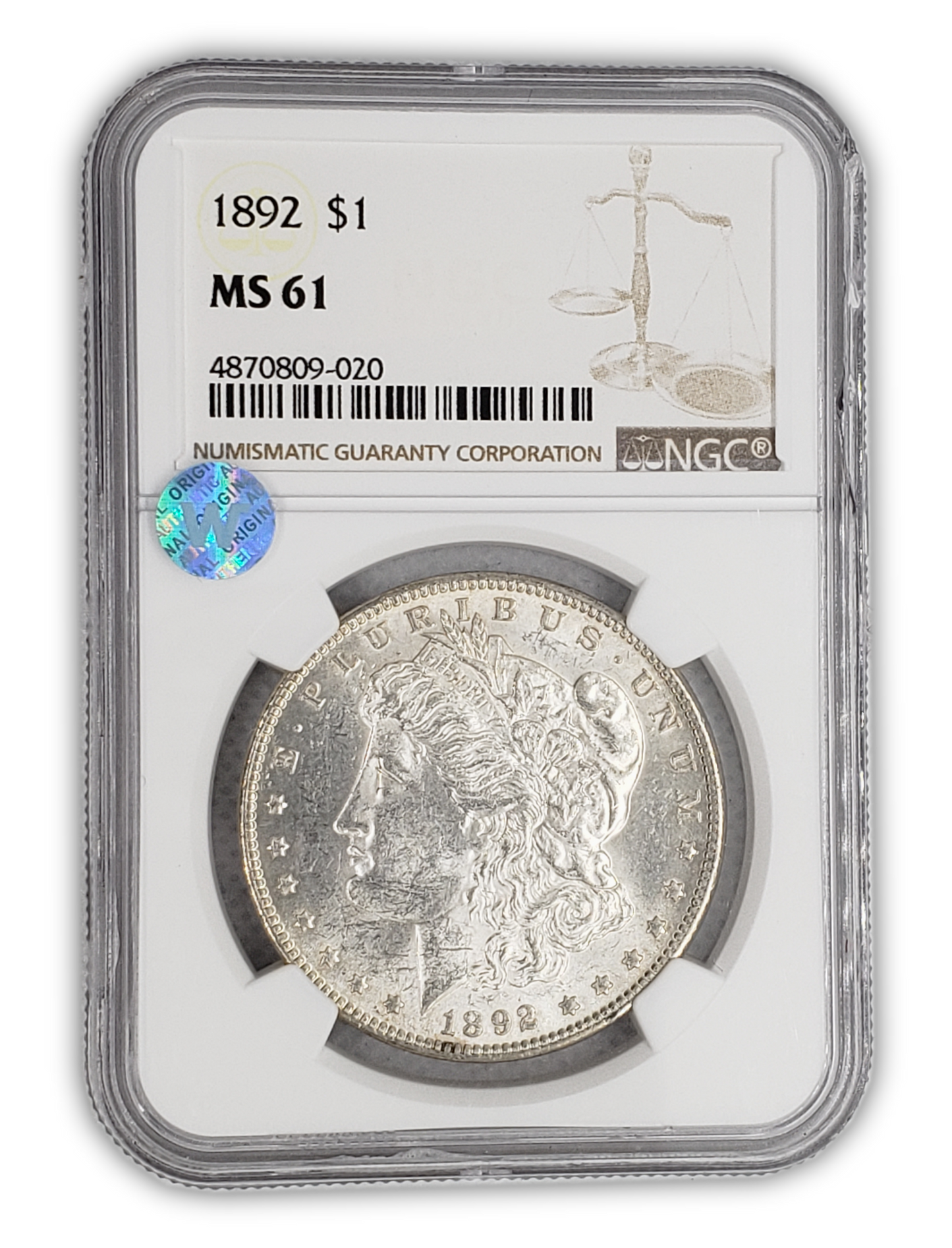 1892 Morgan Silver Dollar Philadelphia - NGC MS61 Sight White