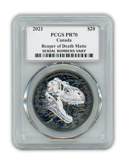 2021 $20 Discover Dinosaurs: Reaper of Death - 1oz Silver Matte Black - PCGS PR70 Susanna Blun - Royal Canadian Mint