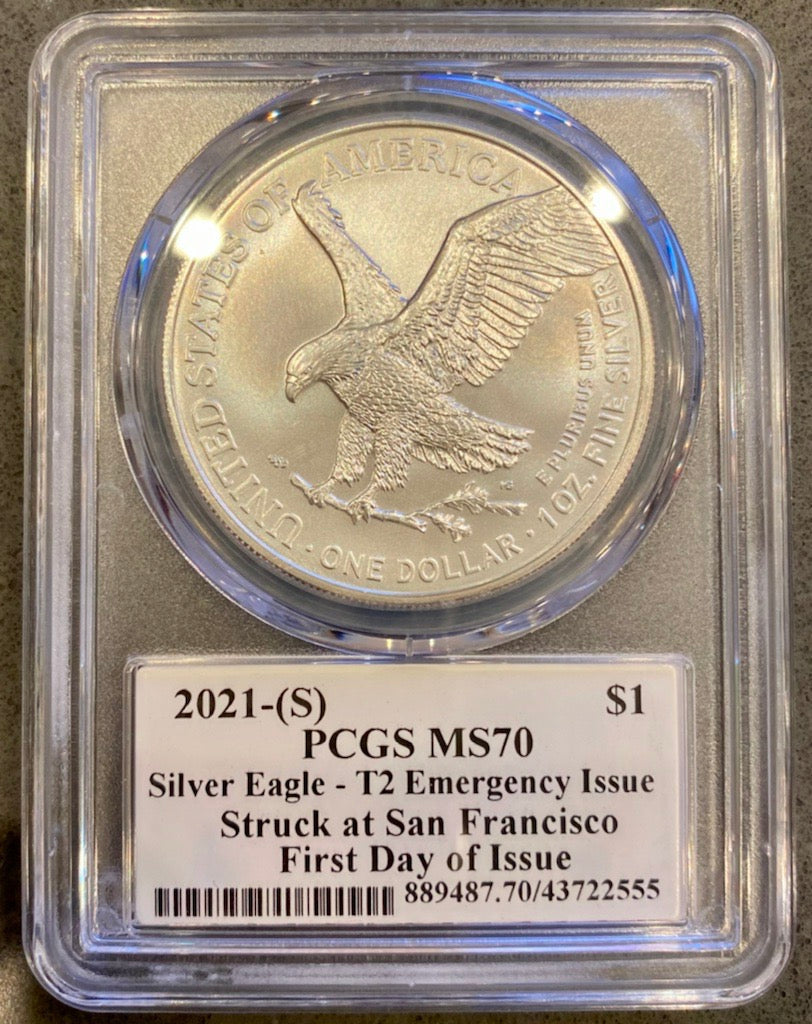 2021-S Silver Eagle - Emergency Strike - Type 2 - PCGS MS70 First Day of Issue Cleveland USA Label