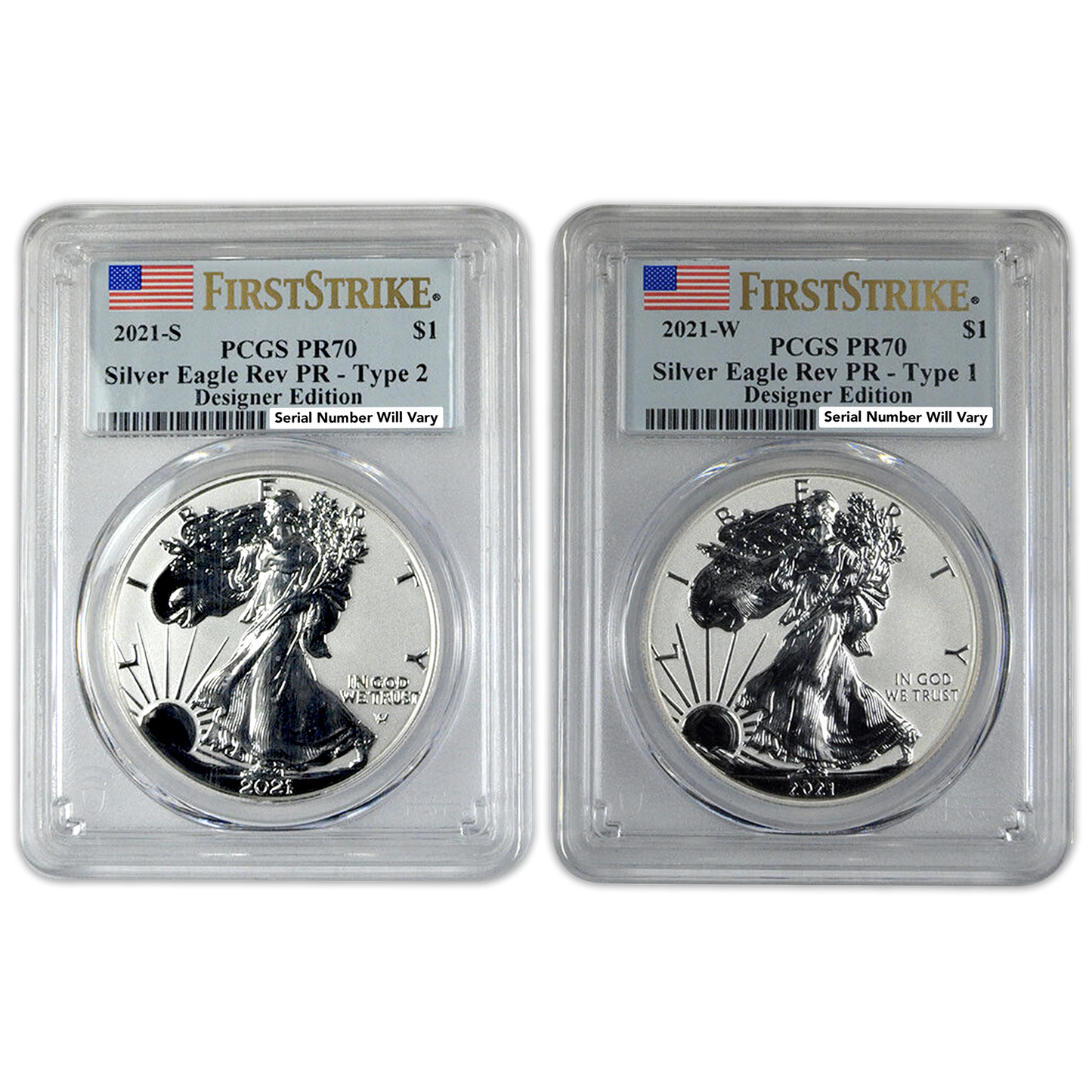 2021 Silver Eagle Designers 2 pc Set - PCGS Reverse Proof PR70 First Strike