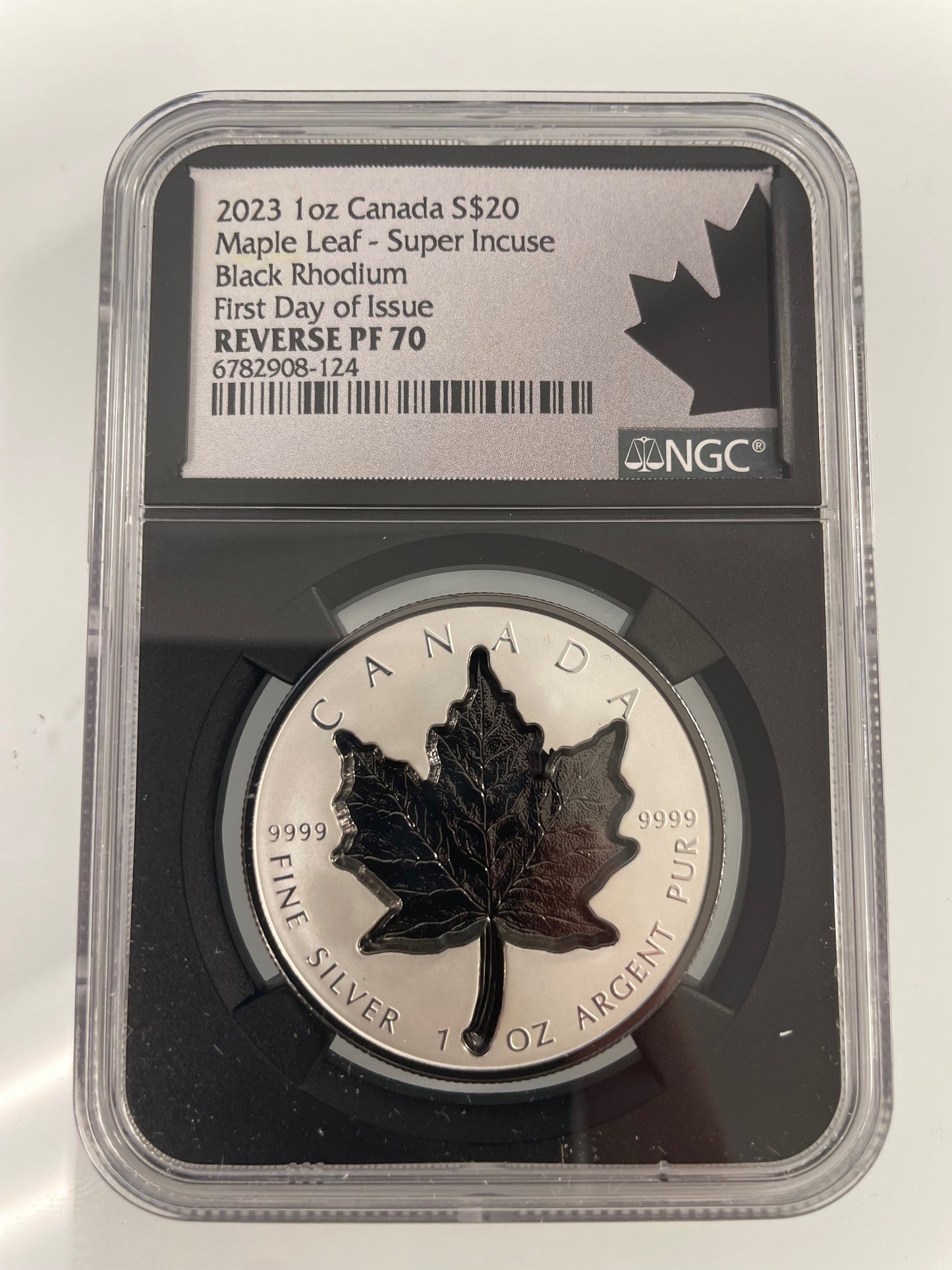 2023 $20 Maple Leaf Super Incuse Black Rhodium 1 oz Silver - NGC PF70 FDI