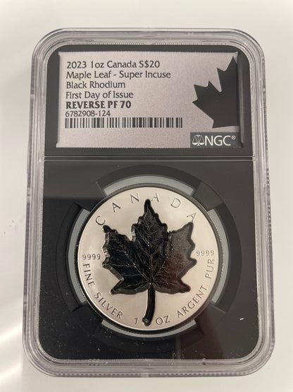 2023 $20 Maple Leaf Super Incuse Black Rhodium 1 oz Silver - NGC PF70 FDI