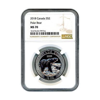 2018 1/2oz Silver Canadian $2 Polar Bear NGC MS70