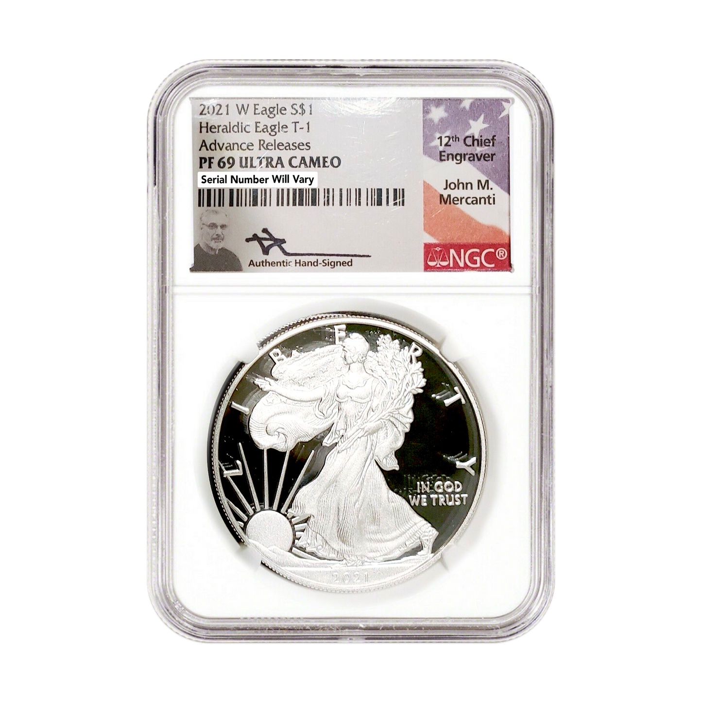 2021 Silver Eagle Type 1 Proof - NGC PF69 Advanced Release - Mercanti Signature Label