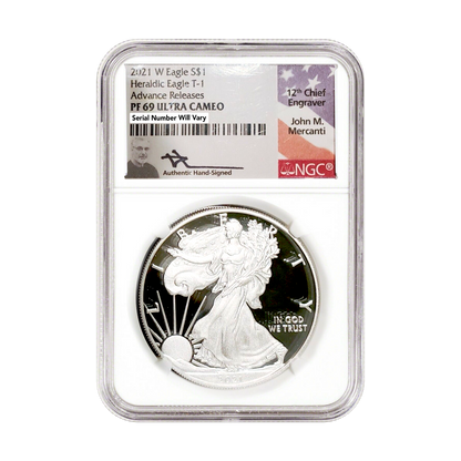 2021 Silver Eagle Type 1 Proof - NGC PF69 Advanced Release - Mercanti Signature Label