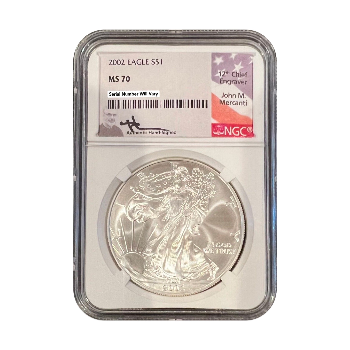 2002 Silver Eagle - Business Strike - NGC MS70 Mercanti Label