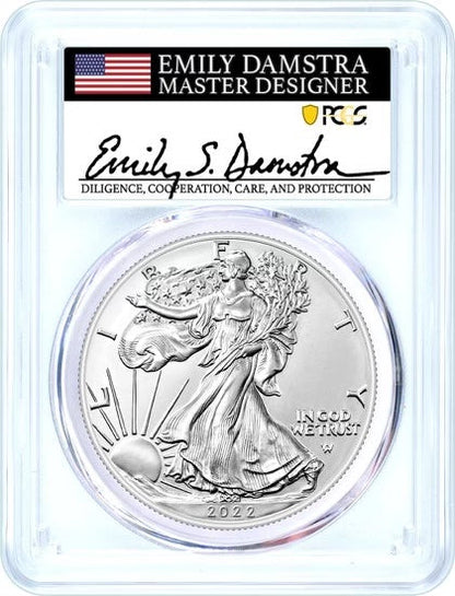 2022 Silver Eagle  West Point Burnished - PCGS SP70 Advanced Release - Emily Damstra Signature Label