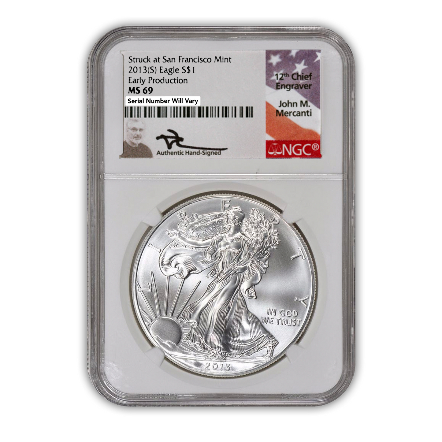 2013-S Silver Eagle San Francisco - Early Production - NGC MS69 Mercanti Label