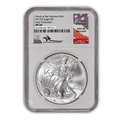 2013-S Silver Eagle San Francisco - Early Production - NGC MS69 Mercanti Label