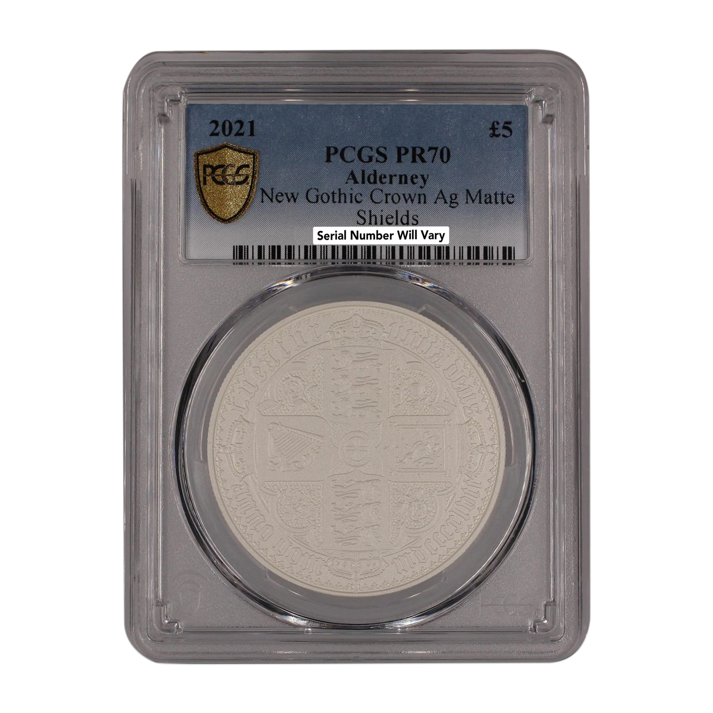 2021 $5 Alderney New Gothic Crown Matte Shields Proof Silver PCGS PR70