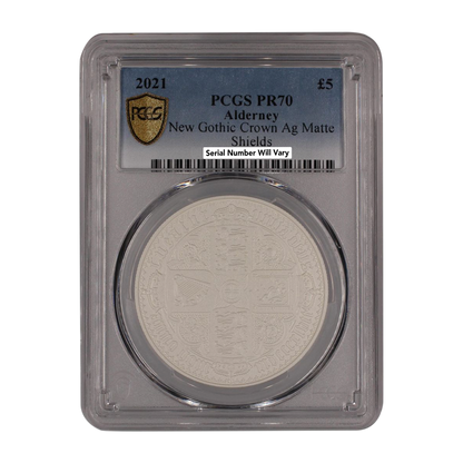 2021 $5 Alderney New Gothic Crown Matte Shields Proof Silver PCGS PR70