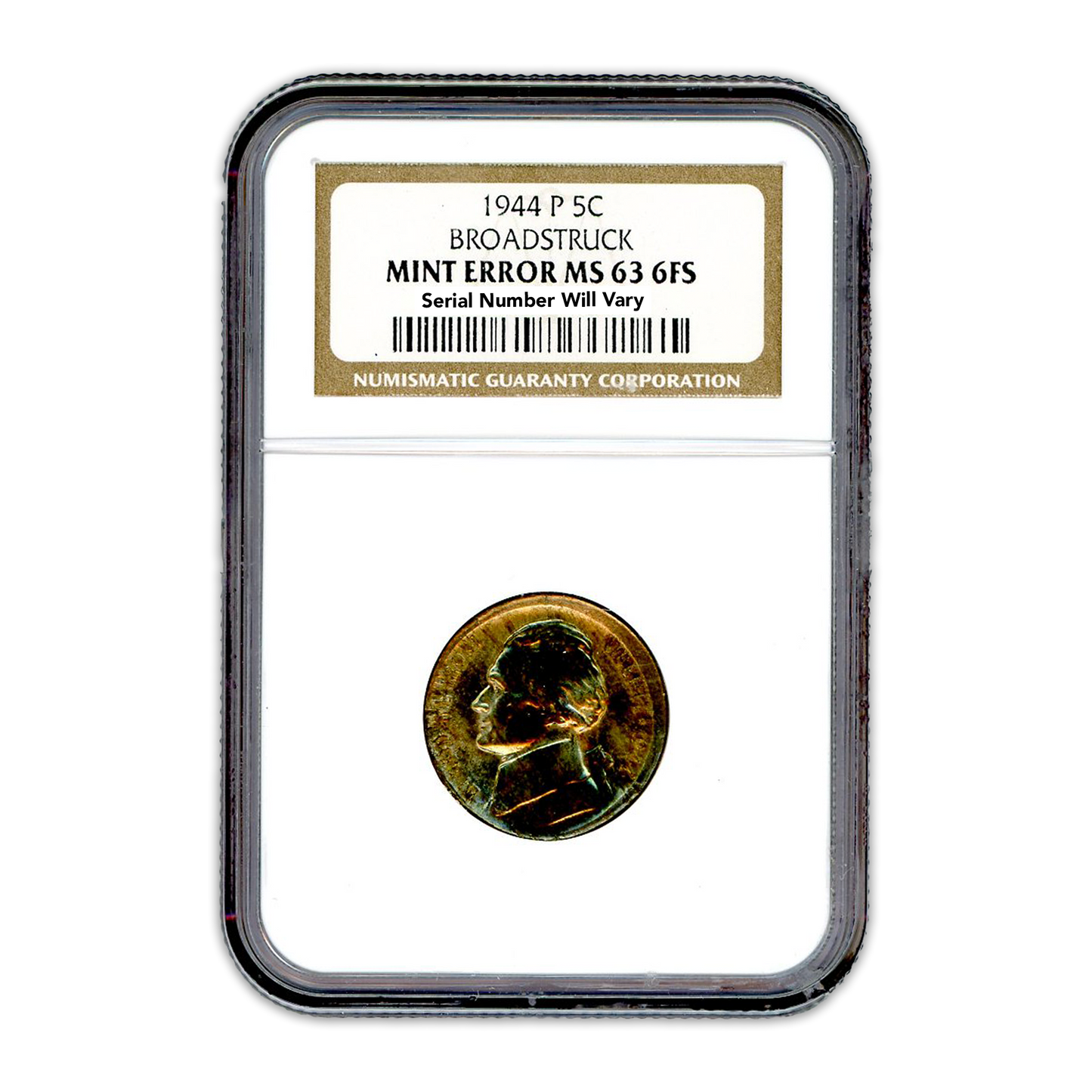 1944 Jefferson Nickel - Broadstruck Out of Collar NGC MS63 Full Steps
