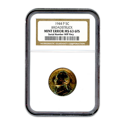 1944 Jefferson Nickel - Broadstruck Out of Collar NGC MS63 Full Steps