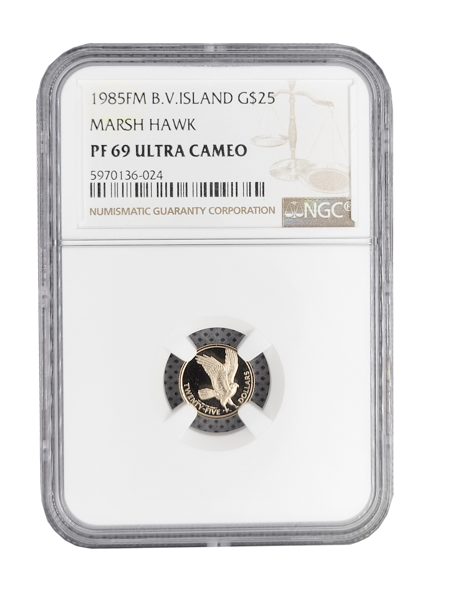 1985 FM B.V Island G$25 Marsh Hawk NGC PF69 ultra cameo